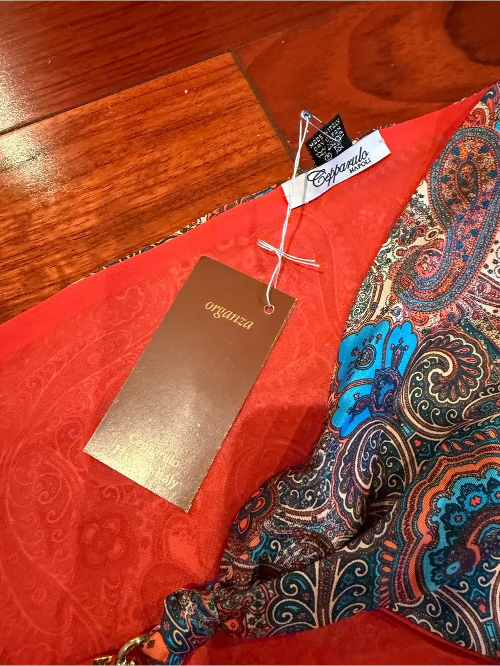 Red Paisley Handkerchief Scarf with Blue Paisley Accent and Beaded Detail